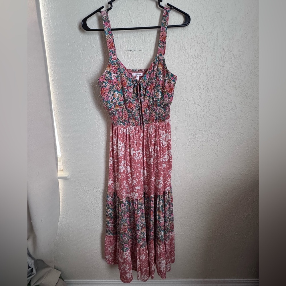 Maurices Pink Smocked Tiered Midi Dress Scoop Neck
